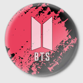 Значок с принтом BTS ,  металл | круглая форма, металлическая застежка в виде булавки | bts | бтс | группа | корейская | музыка | розовый | цветы | черный