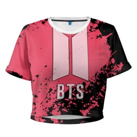 Женская футболка 3D укороченная с принтом BTS , 100% полиэстер | круглая горловина, длина футболки до линии талии, рукава с отворотами | bts | бтс | группа | корейская | музыка | розовый | цветы | черный