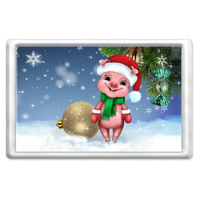 Магнит 45*70 с принтом Поросенок , Пластик | Размер: 78*52 мм; Размер печати: 70*45 | christmas | елка | зима | игрушка | новый год | поросенок | праздник | рождество | свинка | свинья | символ года | снег | улыбка | хрюшка | шапка | шарик