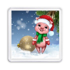 Магнит 55*55 с принтом Поросенок , Пластик | Размер: 65*65 мм; Размер печати: 55*55 мм | Тематика изображения на принте: christmas | елка | зима | игрушка | новый год | поросенок | праздник | рождество | свинка | свинья | символ года | снег | улыбка | хрюшка | шапка | шарик