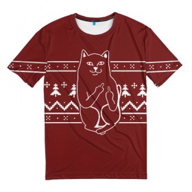 Мужская футболка 3D с принтом Рождественский кот , 100% полиэфир | прямой крой, круглый вырез горловины, длина до линии бедер | Тематика изображения на принте: 