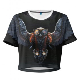 Женская футболка 3D укороченная с принтом Steampunk owl , 100% полиэстер | круглая горловина, длина футболки до линии талии, рукава с отворотами | light | owl | steampunk | wings | крылья | перья | свет | сова | стимпанк