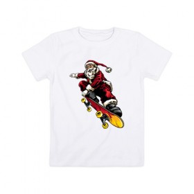 Детская футболка хлопок с принтом Дед Мороз со Скейтом , 100% хлопок | круглый вырез горловины, полуприлегающий силуэт, длина до линии бедер | 