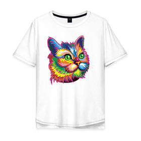 Мужская футболка хлопок Oversize с принтом Радужный кот , 100% хлопок | свободный крой, круглый ворот, “спинка” длиннее передней части | Тематика изображения на принте: cat | cats | colourfully | rainbow | веселый кот | кот | котик | коша | радуга | радужная кошка | разноцветная