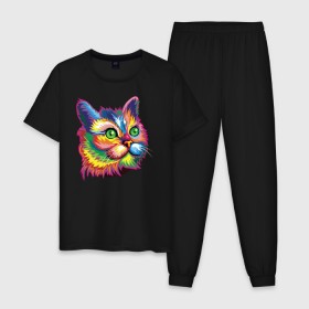 Мужская пижама хлопок с принтом Радужный кот , 100% хлопок | брюки и футболка прямого кроя, без карманов, на брюках мягкая резинка на поясе и по низу штанин
 | cat | cats | colourfully | rainbow | веселый кот | кот | котик | коша | радуга | радужная кошка | разноцветная