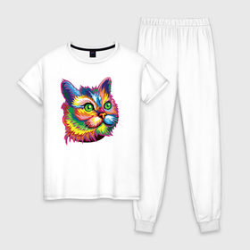 Женская пижама хлопок с принтом Радужный кот , 100% хлопок | брюки и футболка прямого кроя, без карманов, на брюках мягкая резинка на поясе и по низу штанин | cat | cats | colourfully | rainbow | веселый кот | кот | котик | коша | радуга | радужная кошка | разноцветная