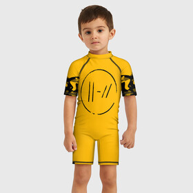 Детский купальный костюм 3D с принтом TWENTY ONE PILOTS , Полиэстер 85%, Спандекс 15% | застежка на молнии на спине | 21 pilots | 21p | music | rock | top | trench | twenty one pilots | yellow | группа | жёлтый | музыка | рок