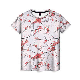 Женская футболка 3D с принтом Сакура , 100% полиэфир ( синтетическое хлопкоподобное полотно) | прямой крой, круглый вырез горловины, длина до линии бедер | весна | ветвь | ветка | вишня | куст | кусты | лепестки | сакуры | цветёт | цветы | черешня