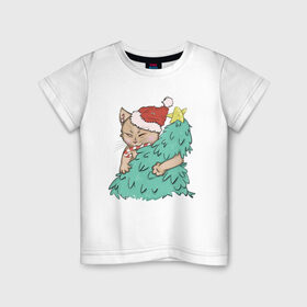 Детская футболка хлопок с принтом Новогодний котик , 100% хлопок | круглый вырез горловины, полуприлегающий силуэт, длина до линии бедер | Тематика изображения на принте: 