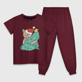 Детская пижама хлопок с принтом Новогодний котик , 100% хлопок |  брюки и футболка прямого кроя, без карманов, на брюках мягкая резинка на поясе и по низу штанин
 | 