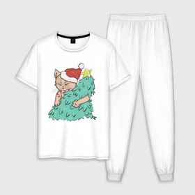 Мужская пижама хлопок с принтом Новогодний котик , 100% хлопок | брюки и футболка прямого кроя, без карманов, на брюках мягкая резинка на поясе и по низу штанин
 | 