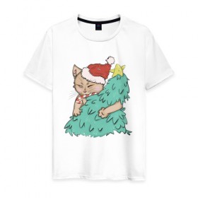 Мужская футболка хлопок с принтом Новогодний котик , 100% хлопок | прямой крой, круглый вырез горловины, длина до линии бедер, слегка спущенное плечо. | Тематика изображения на принте: 