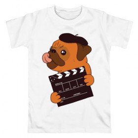 Мужская футболка хлопок с принтом Режиссёр Мопс , 100% хлопок | прямой крой, круглый вырез горловины, длина до линии бедер, слегка спущенное плечо. | дубль | кино | мопс | режиссер | собака | собаки | фильмы