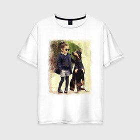 Женская футболка хлопок Oversize с принтом Девочка и доберман , 100% хлопок | свободный крой, круглый ворот, спущенный рукав, длина до линии бедер
 | Тематика изображения на принте: девочка | доберман | дружба | животные | собака