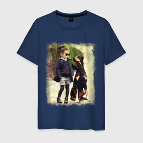 Мужская футболка хлопок с принтом Девочка и доберман , 100% хлопок | прямой крой, круглый вырез горловины, длина до линии бедер, слегка спущенное плечо. | девочка | доберман | дружба | животные | собака