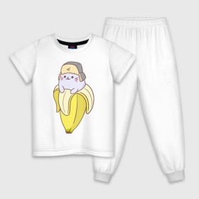 Детская пижама хлопок с принтом Бананька , 100% хлопок |  брюки и футболка прямого кроя, без карманов, на брюках мягкая резинка на поясе и по низу штанин
 | Тематика изображения на принте: anime | bananya | cat | neko | аниме | бананька | кот