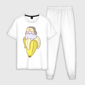 Мужская пижама хлопок с принтом Бананька , 100% хлопок | брюки и футболка прямого кроя, без карманов, на брюках мягкая резинка на поясе и по низу штанин
 | Тематика изображения на принте: anime | bananya | cat | neko | аниме | бананька | кот