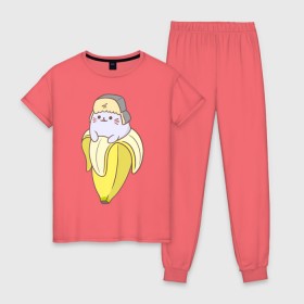 Женская пижама хлопок с принтом Бананька , 100% хлопок | брюки и футболка прямого кроя, без карманов, на брюках мягкая резинка на поясе и по низу штанин | anime | bananya | cat | neko | аниме | бананька | кот