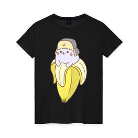 Женская футболка хлопок с принтом Бананька , 100% хлопок | прямой крой, круглый вырез горловины, длина до линии бедер, слегка спущенное плечо | Тематика изображения на принте: anime | bananya | cat | neko | аниме | бананька | кот