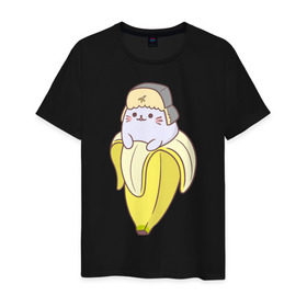 Мужская футболка хлопок с принтом Бананька , 100% хлопок | прямой крой, круглый вырез горловины, длина до линии бедер, слегка спущенное плечо. | Тематика изображения на принте: anime | bananya | cat | neko | аниме | бананька | кот