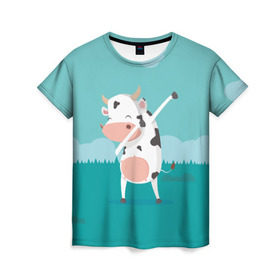 Женская футболка 3D с принтом DAB Корова , 100% полиэфир ( синтетическое хлопкоподобное полотно) | прямой крой, круглый вырез горловины, длина до линии бедер | dab | dabbing | даб | даббинг | корова | танец