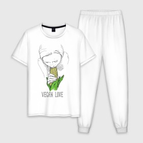 Мужская пижама хлопок с принтом Vegan Love , 100% хлопок | брюки и футболка прямого кроя, без карманов, на брюках мягкая резинка на поясе и по низу штанин
 | веганство | вегетарианство | здоровье | зелень | кукуруза | любовь | овощ | овощи | растение