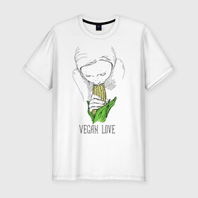 Мужская футболка хлопок Slim с принтом Vegan Love , 92% хлопок, 8% лайкра | приталенный силуэт, круглый вырез ворота, длина до линии бедра, короткий рукав | Тематика изображения на принте: веганство | вегетарианство | здоровье | зелень | кукуруза | любовь | овощ | овощи | растение