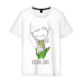 Мужская футболка хлопок с принтом Vegan Love , 100% хлопок | прямой крой, круглый вырез горловины, длина до линии бедер, слегка спущенное плечо. | веганство | вегетарианство | здоровье | зелень | кукуруза | любовь | овощ | овощи | растение