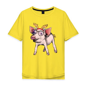 Мужская футболка хлопок Oversize с принтом Свинья Олень , 100% хлопок | свободный крой, круглый ворот, “спинка” длиннее передней части | Тематика изображения на принте: зима | новый год | олени | свинка | свинья