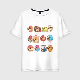 Женская футболка хлопок Oversize с принтом Мопсы , 100% хлопок | свободный крой, круглый ворот, спущенный рукав, длина до линии бедер
 | cockie | fastfood | junkfood | pug | еда | мороженое | печенье | печеньки | пироженое | собака | фастфуд