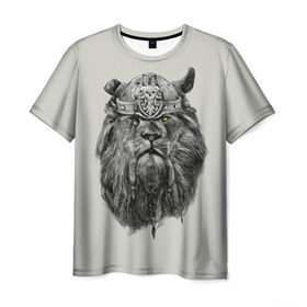 Мужская футболка 3D с принтом Лев Викинг , 100% полиэфир | прямой крой, круглый вырез горловины, длина до линии бедер | воин | война | зверь | тату | царь | череп | шлем