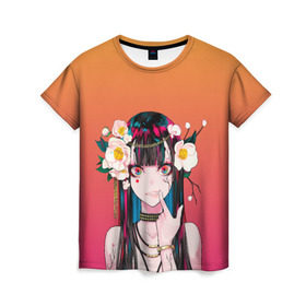 Женская футболка 3D с принтом Девушка - сакура , 100% полиэфир ( синтетическое хлопкоподобное полотно) | прямой крой, круглый вырез горловины, длина до линии бедер | anime | аниме | анимешница | девушка | иллюстрация | милая | мультик | сакура | тян | тянка | цветы
