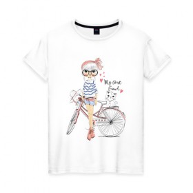 Женская футболка хлопок с принтом Девушка с котиком , 100% хлопок | прямой крой, круглый вырез горловины, длина до линии бедер, слегка спущенное плечо | велосипед | девочка | девушкам | кошки | красивая 