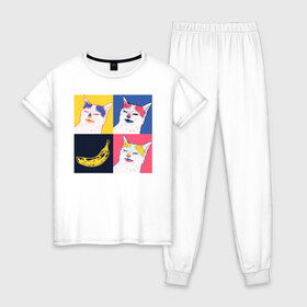 Женская пижама хлопок с принтом BanaNO , 100% хлопок | брюки и футболка прямого кроя, без карманов, на брюках мягкая резинка на поясе и по низу штанин | cat | абстракция | банан | бананы | кот | котики | прикол | прикольная | хлопок