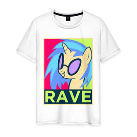 Мужская футболка хлопок с принтом DJ Pon-3 RAVE , 100% хлопок | прямой крой, круглый вырез горловины, длина до линии бедер, слегка спущенное плечо. | Тематика изображения на принте: dj pon 3 | mlp | my little pony | pony | rave | vinyl scratch | винил скрэтч | млп | мой маленький пони | пони | рейв