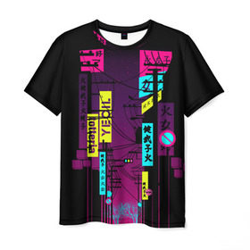 Мужская футболка 3D с принтом Неоновый город , 100% полиэфир | прямой крой, круглый вырез горловины, длина до линии бедер | Тематика изображения на принте: кислотные костюмы | кислотные цвета | неон | флуоресцентные принты