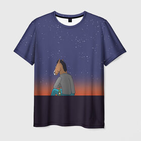 Мужская футболка 3D с принтом Конь Бо Джек , 100% полиэфир | прямой крой, круглый вырез горловины, длина до линии бедер | Тематика изображения на принте: конь бо джек | мультфильм | ночь