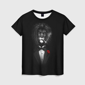 Женская футболка 3D с принтом Лев , 100% полиэфир ( синтетическое хлопкоподобное полотно) | прямой крой, круглый вырез горловины, длина до линии бедер | арт | бабочка | грива | дым | животное | костюм | лев | минимализм | роза | смокинг | хищник | царь зверей