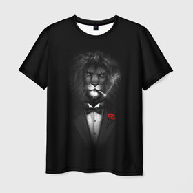 Мужская футболка 3D с принтом Лев , 100% полиэфир | прямой крой, круглый вырез горловины, длина до линии бедер | арт | бабочка | грива | дым | животное | костюм | лев | минимализм | роза | смокинг | хищник | царь зверей