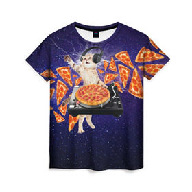 Женская футболка 3D с принтом Пицца - Кот , 100% полиэфир ( синтетическое хлопкоподобное полотно) | прямой крой, круглый вырез горловины, длина до линии бедер | cat | galaxy | lightning | pizza | грозовой кошак | диджей | космос | кот | котики | котэ | кошак | метеориты | молния | пицца | прикол | приколы с котами | прикольная