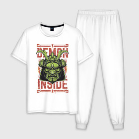Мужская пижама хлопок с принтом Demon inside , 100% хлопок | брюки и футболка прямого кроя, без карманов, на брюках мягкая резинка на поясе и по низу штанин
 | demon | green | inside | japan | ninja | samurai | внутри | демон | зеленый | ниндзя | самурай | япония