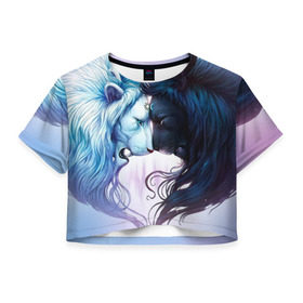 Женская футболка 3D укороченная с принтом Lions love , 100% полиэстер | круглая горловина, длина футболки до линии талии, рукава с отворотами | love | день | лев | львиное сердце | любовь | ночь | сердце