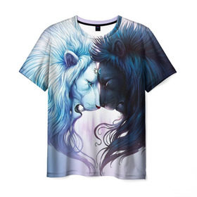 Мужская футболка 3D с принтом Lions love , 100% полиэфир | прямой крой, круглый вырез горловины, длина до линии бедер | love | день | лев | львиное сердце | любовь | ночь | сердце