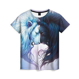 Женская футболка 3D с принтом Lions love , 100% полиэфир ( синтетическое хлопкоподобное полотно) | прямой крой, круглый вырез горловины, длина до линии бедер | love | день | лев | львиное сердце | любовь | ночь | сердце