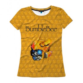 Женская футболка 3D с принтом BumbleBee , 100% полиэфир ( синтетическое хлопкоподобное полотно) | прямой крой, круглый вырез горловины, длина до линии бедер | 2019 | bumble bee | transformers | арт | бамблби | желтая | киборг | классная | мёд | надпись | прикольная | пчела | робот | соты | трансформеры | улей | фильм