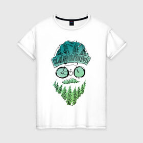 Женская футболка хлопок с принтом Mountain man , 100% хлопок | прямой крой, круглый вырез горловины, длина до линии бедер, слегка спущенное плечо | борода | велосипед | горы | лес | лицо | очки | путешествия | турист | усы | шапка