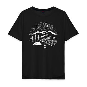 Мужская футболка хлопок Oversize с принтом Поход , 100% хлопок | свободный крой, круглый ворот, “спинка” длиннее передней части | горы | костёр | лес | озеро | палатка | приключения | природа | путешествие | речка | солнце | турист