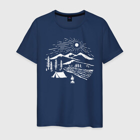 Мужская футболка хлопок с принтом Поход , 100% хлопок | прямой крой, круглый вырез горловины, длина до линии бедер, слегка спущенное плечо. | горы | костёр | лес | озеро | палатка | приключения | природа | путешествие | речка | солнце | турист