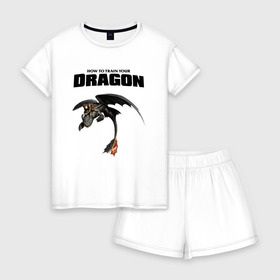 Женская пижама с шортиками хлопок с принтом Как приручить дракона , 100% хлопок | футболка прямого кроя, шорты свободные с широкой мягкой резинкой | dragon | беззубик | викинги | дракон | мульт | мультфильм | фэнтези