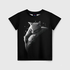Детская футболка 3D с принтом Спящий Кот на Луне , 100% гипоаллергенный полиэфир | прямой крой, круглый вырез горловины, длина до линии бедер, чуть спущенное плечо, ткань немного тянется | вселенная | звезды | космос | котейка | котенок | котэ | котя | лапочка | луна | милый | мимими | ночь | прелесть | сон | спутник